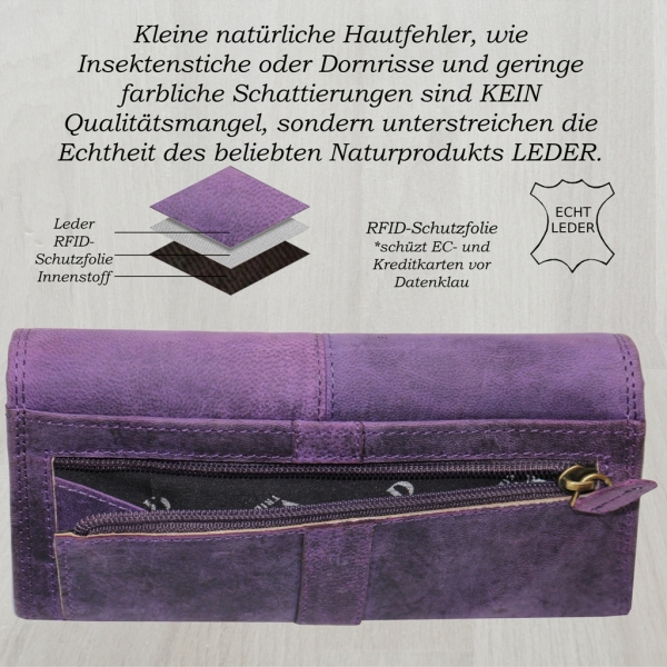 flevado Wasserbüffel Damen Geldbörse Brieftasche RFID Schutz Doppelnaht Lila